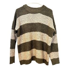 2/$15 Pink Rose - Olive & Cream Striped Knit Sweater Cozy Crewneck Pullover - M